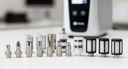 Variety of metal and plastic nozzles for industrial equipment on a white surface