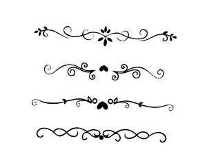 text dividers doodle set. Wedding decorative elements. Divider ornament, borders, floral, vintage line separators. Hand drawn vector illustration isolated on white background. Set page dividers.