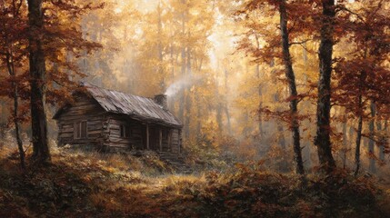 Rustic cabin in enchanting autumn forest with golden foliage and warm sunlight