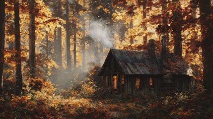 Rustic cabin in enchanting autumn forest with golden foliage and soft sunlight