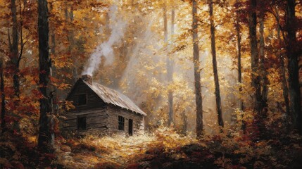 Rustic cabin in sunlit autumn forest with golden foliage and smoke rising
