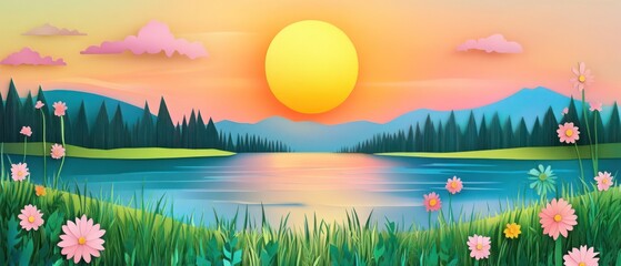 Colorful sunrise over lake and forest