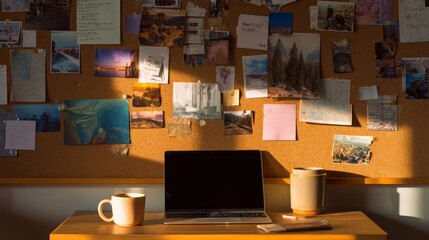 Cozy workspace with laptop and inspiring corkboard mood board in warm light