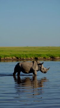 White rhinoceros crossing shallow river in african savanna