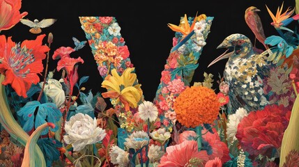 Vibrant floral wildlife scene with birds and letter v in lush garden