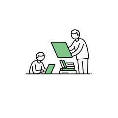 People collaborating in a shared workspace, with a laptop and presentation board.