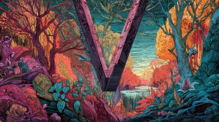 Surreal forest landscape with vibrant abstract letter v in autumn setting