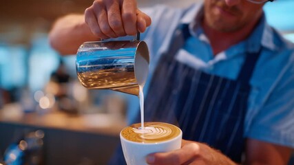A barista perfects a layered rosetta latte art with a final stroke, as steam curls in the air.