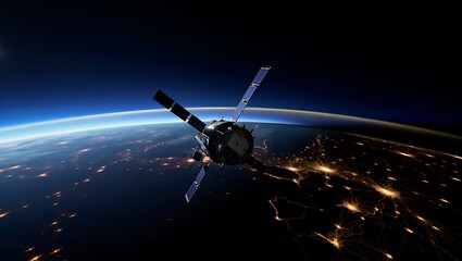 Obraz premium Satellite orbiting Earth and observing the planet's illuminated cities at night from space