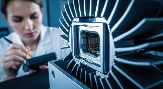 Female scientist analyzing industrial equipment with advanced technology in lab - Powered by Adobe