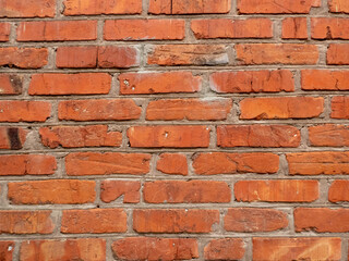 Close-Up of Old Red Brick Wall with Visible Mortar and Texture