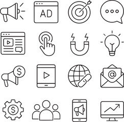 Digital marketing line icon set. Marketing, advertisement, communication, content, seo, product, blog, promotion and more. Outline vector icon in linear style. Series of pictograms