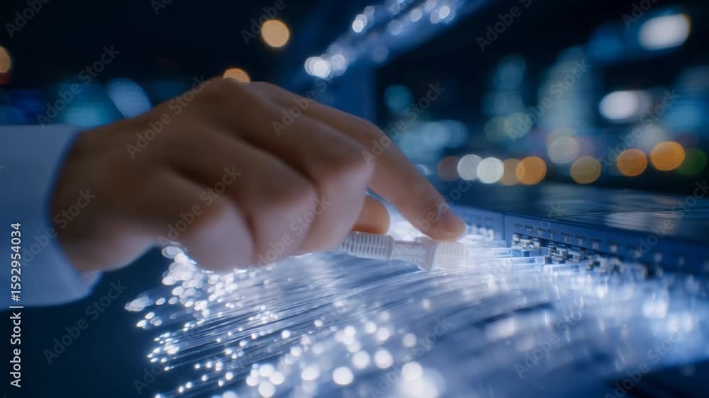 Poster close-up of a hand inserting an rj45 connector into a router port, with network lights indicating ra