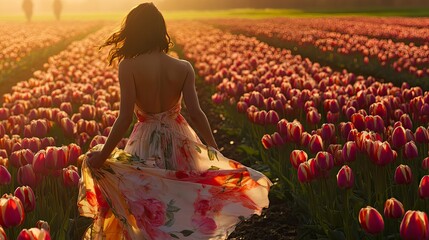 Woman in a flowing floral dress walking through a tulip field, backlit by the sun, romantic mood, 35mm 