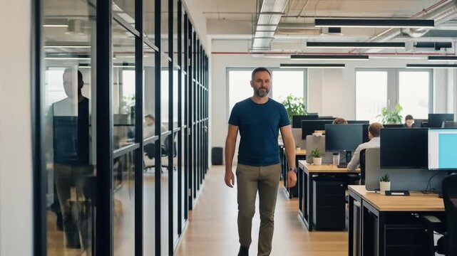 Office hallway with person walking toward camera holding folder
