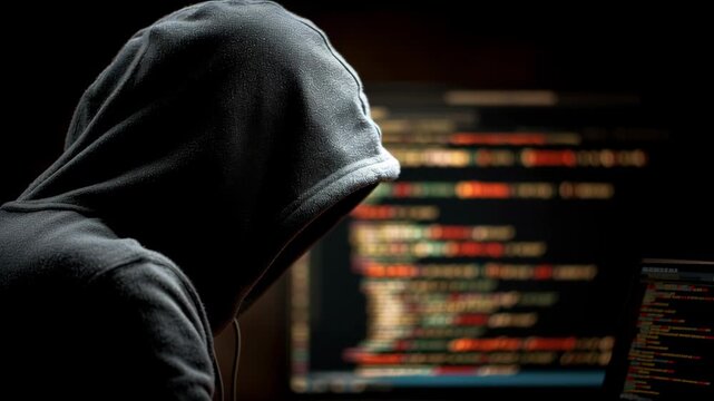 Hacker hoodie immersed dark environment, focused computer screen filled with programming text and lines of code, exploring cybersecurity technology