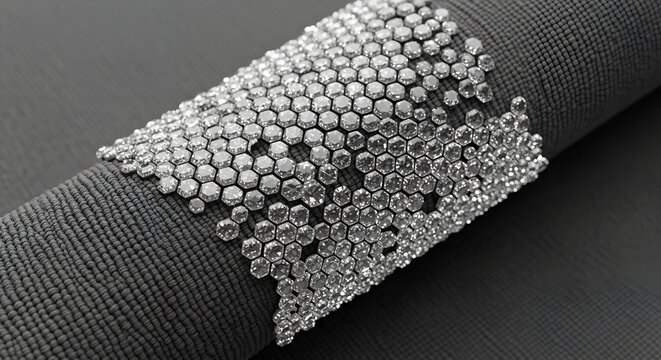 Close-up of a dark, textured fabric adorned with sparkling clear hexagonal crystals arranged in a honeycomb pattern, illustrating 'armored diamond fabric' as a fibrous and woven texture concept.