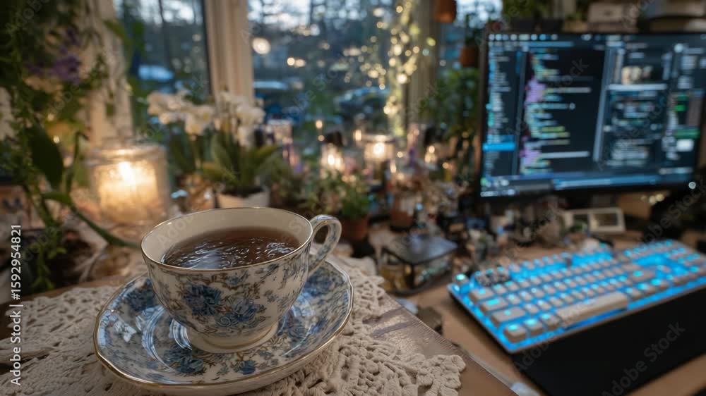 Aufkleber a game developer refines ai scripts in a dimly lit home studio, sipping tea under a warm desk lamp a