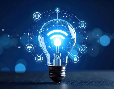 Illuminated lightbulb with interconnected network icons