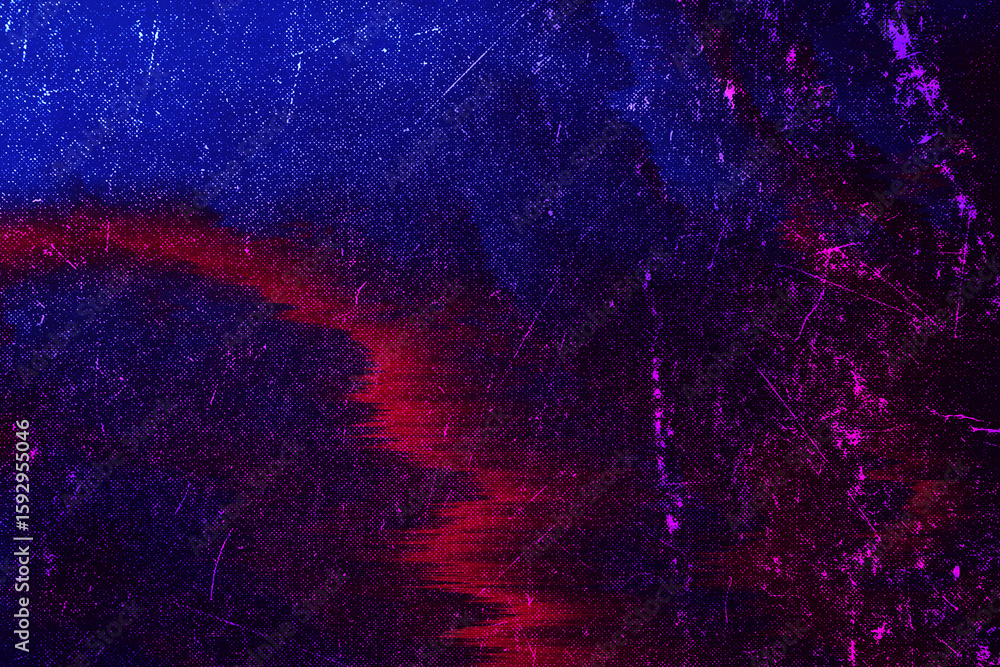 Poster glitch texture. static noise. distressed display. red blue color analog defect dust scratches on dar
