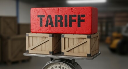 A red block labeled "TARIFF" sits atop two wooden crates on a weighing scale in a warehouse setting.
