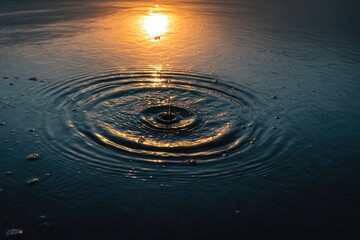 Water droplet impact, golden sunset reflection