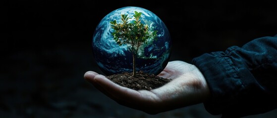 Earth held in hand with small tree