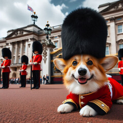 british flag on the street, british royal guard, british royal guard dog, guard dog in front of a building, dog in a hat, dog in a hat and tie, 3d dog in red dress, a corgi dressed as a royal guard