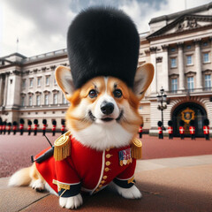 british flag on the street, british royal guard, british royal guard dog, guard dog in front of a building, dog in a hat, dog in a hat and tie, 3d dog in red dress, a corgi dressed as a royal guard