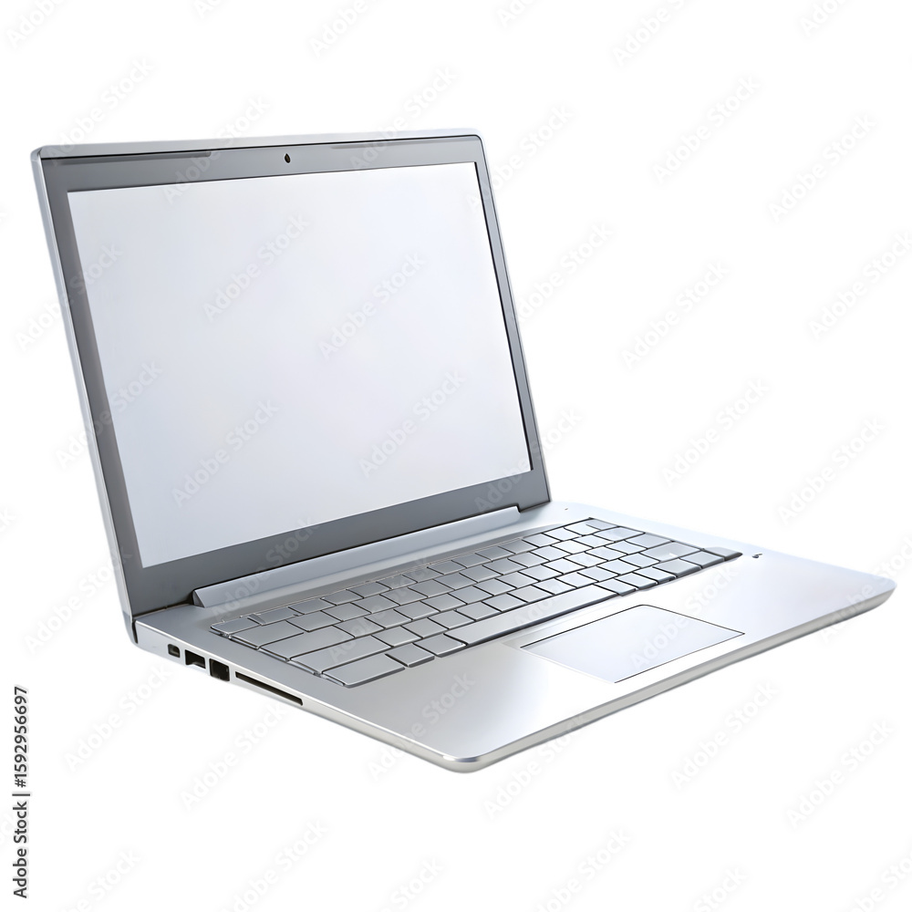 Poster a laptop with the screen open showing a blank white display and modern technology concept