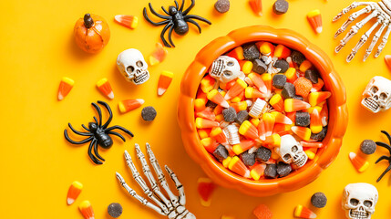 Halloween candy in an orange pumpkin-shaped bowl, with spider and skeleton hands reaching out to grab the candies on a yellow background