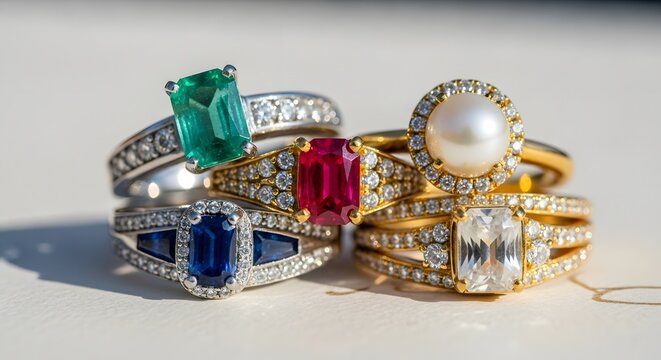 Close up of a collection of various gemstone rings on a bright surface showcasing emerald ruby sapphire pearl and diamond rings