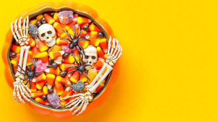 Halloween candy in an orange pumpkin-shaped bowl, with spider and skeleton hands reaching out to grab the candies on a yellow background