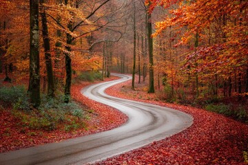 Winding road through autumn forest