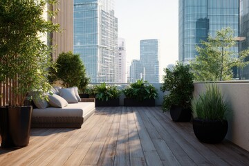 Modern rooftop terrace with a wooden floor, overlooking the city skyline Realistic rendering of the modern roof garden, showcasing plants and trees in black pots on an empty wooden deck Generative AI