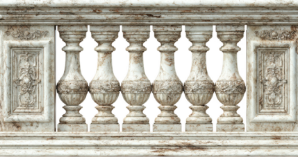 An ornate, weathered stone balustrade with classical columns and decorative panels isolated on transparent background