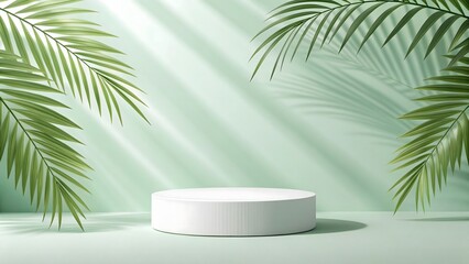 Fototapeta premium Minimalist Product Display Podium with Palm Leaves and Light Green Background