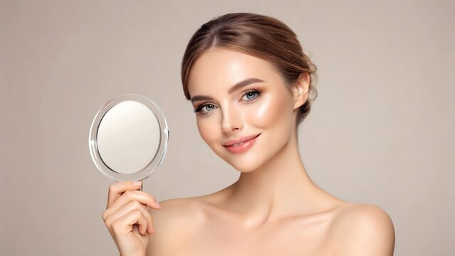 Beautiful woman with perfect skin holding a mirror in her hand