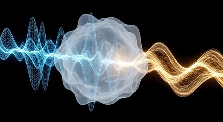 Dynamic visualization of a blue digital wave transforming into a glowing gold analog signal, mediated by an ethereal, organic cloud on a stark black background, representing data conversion and flow.