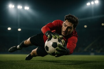 A determined soccer goalkeeper in a red jersey executes a dramatic full-stretch dive to save the ball during a high-stakes match on a lit stadium field at night.