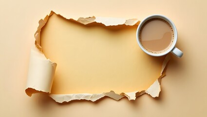 Torn paper background with coffee cup mockup for text message or product placement