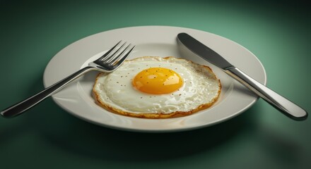 Bright sunny side up egg breakfast with fork and knife ready to be eaten