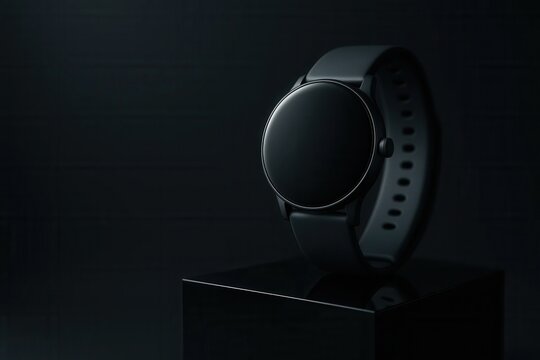 Sleek modern black smartwatch illustration isolated on a dark background, showcasing sophisticated wearable technology for future digital product design concepts.