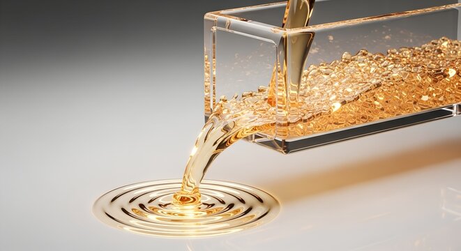Golden liquid flows from a clear, crystal-like container onto a reflective surface, creating perfect ripples. A captivating "Buffer Overflow Splash" concept on a digital surface.