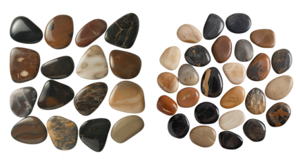 A diverse assortment of smooth, polished stones in various colors and patterns are displayed on a transparent background