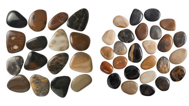 A diverse assortment of smooth, polished stones in various colors and patterns are displayed on a transparent background