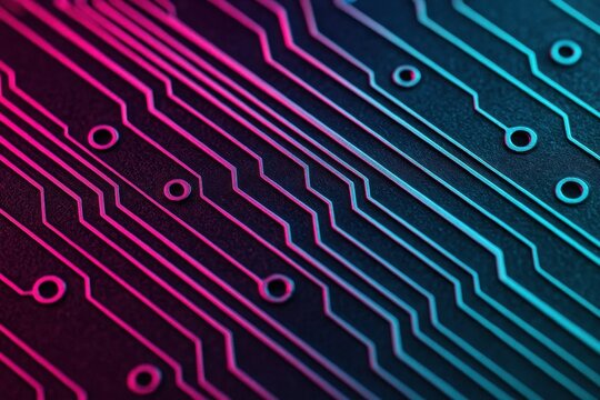 Vibrant, futuristic circuit board illuminated by striking neon pink and blue lights, capturing the essence of digital connectivity, technology, and data flow.