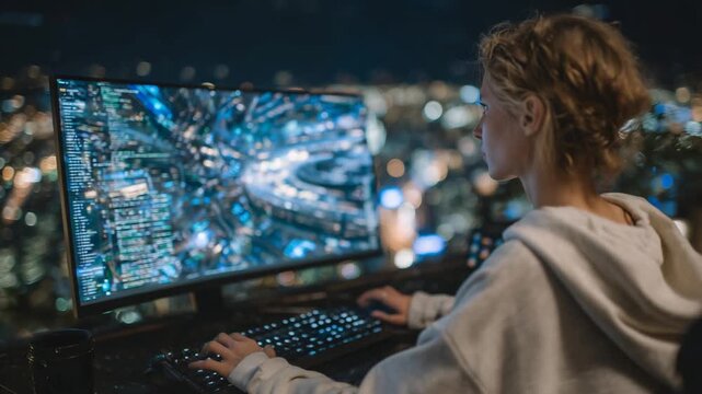 Indie game designer types swiftly on a mechanical keyboard, crafting a sci-fi game interface and shader code on an ultrawide screen in a neon-lit room.