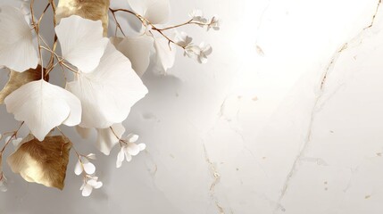 Delicate white leaves and flowers on a light beige marble background.