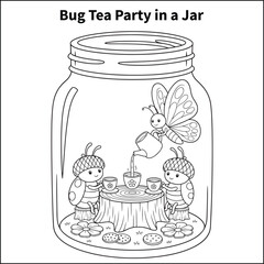 Two or three bugs sitting around a small stump table, drinking tea from acorn caps. Add flower petal plates, cookies, and a butterfly pouring tea.
